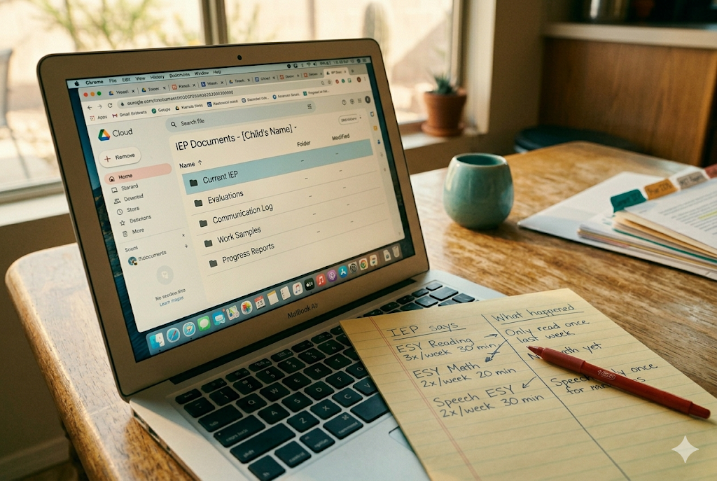 Laptop showing a digital folder hierarchy for IEP records beside a printed organization checklist on a warm wood desk