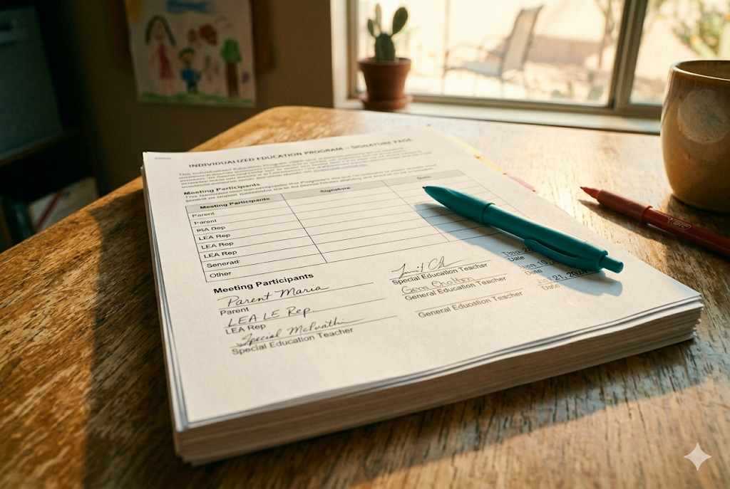Printed IEP document signature page on a warm wooden surface with a teal pen, representing the year-round legal force of the IEP
