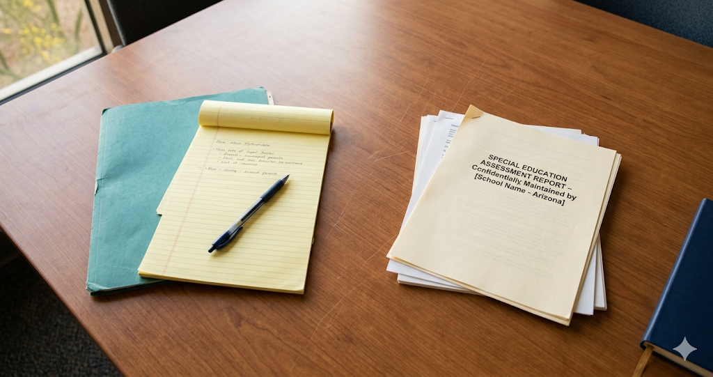 Conference table from directly overhead with parent documents on one side and school reports on the other, before a special education meeting