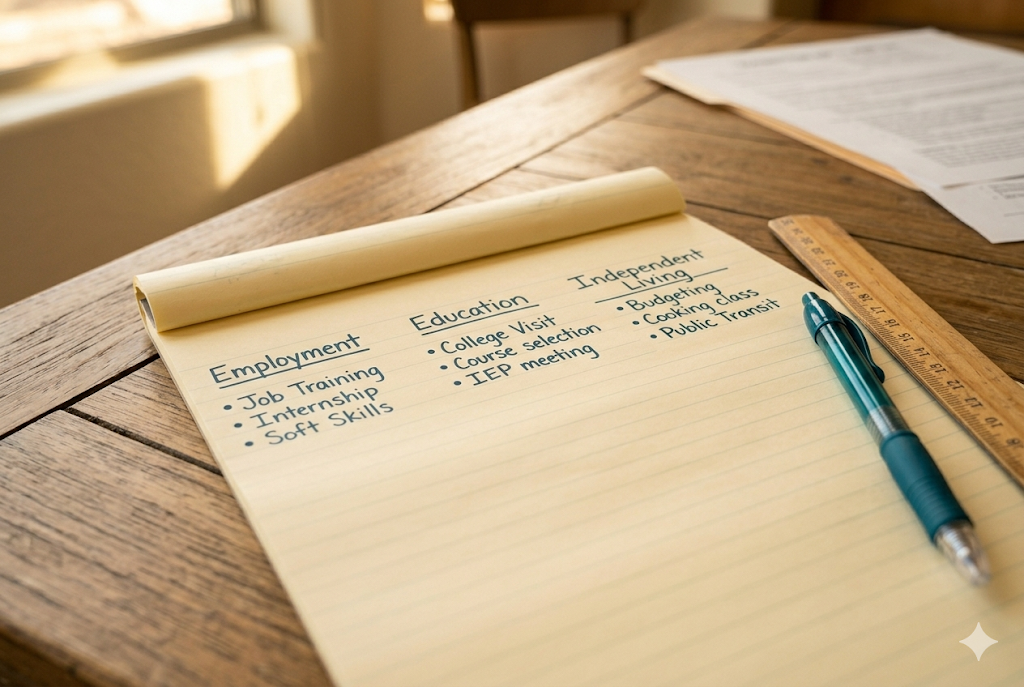 Legal notepad with three handwritten transition IEP columns for employment, education, and independent living goal planning