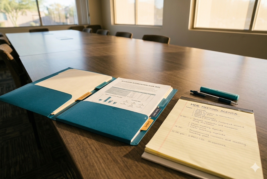 Conference table with organized MDR preparation folder showing tabbed BIP document and handwritten meeting agenda, ready for manifestation determination review