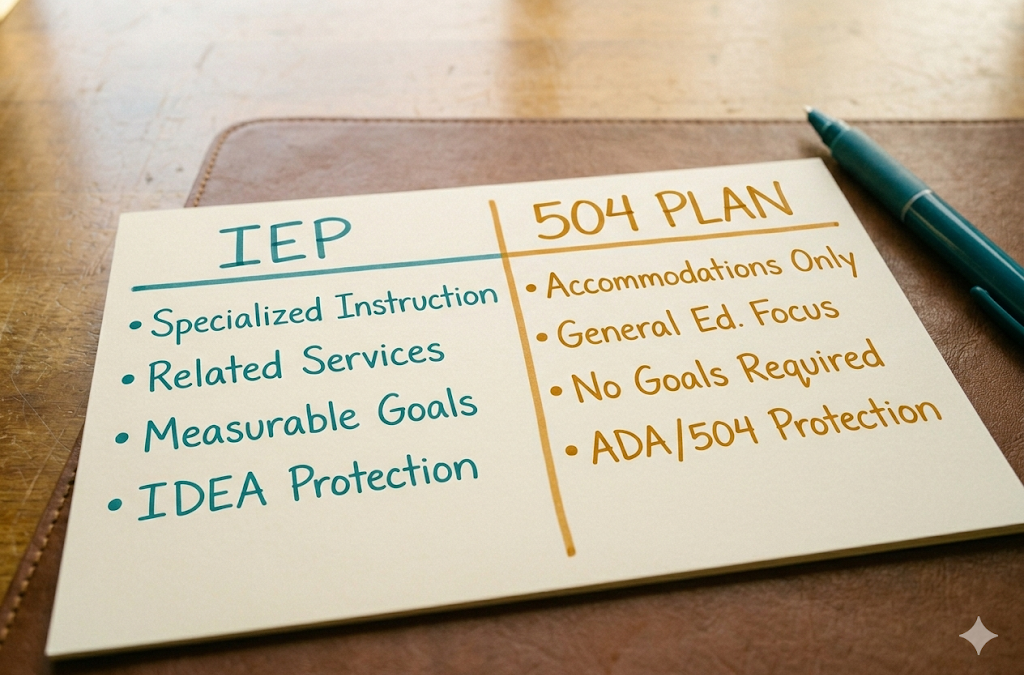 Hand-drawn two-column comparison chart on a whiteboard distinguishing IEP and 504 plan features in teal and amber marker