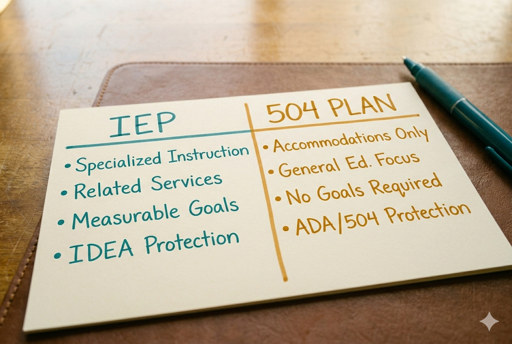 Hand-drawn two-column comparison chart on a whiteboard distinguishing IEP and 504 plan features in teal and amber marker