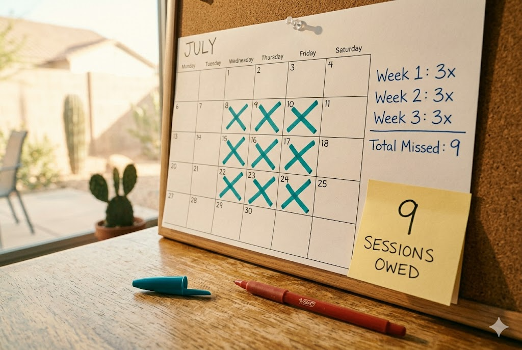 Monthly calendar with missed ESY session dates marked and a handwritten tally of total missed service hours in the margin