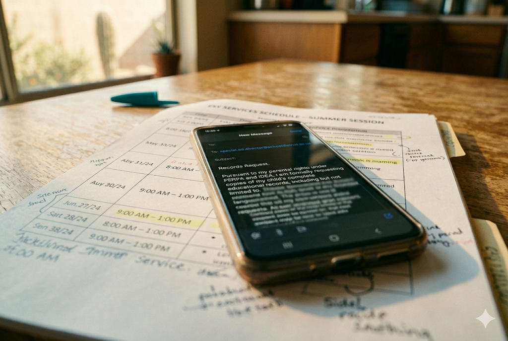 Smartphone composing a formal IEP records request email, resting on a printed IEP document on a warm-lit surface