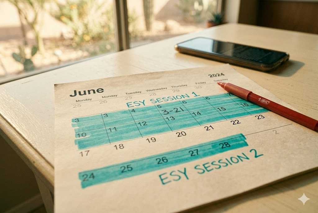 Printed calendar with teal-highlighted ESY service dates and handwritten notes marking the gap between school year end and summer services