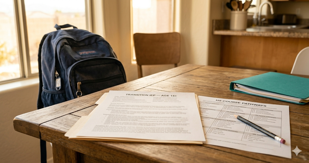 Open transition IEP document and high school course schedule on a kitchen table, afternoon light through window, planning for post-secondary life