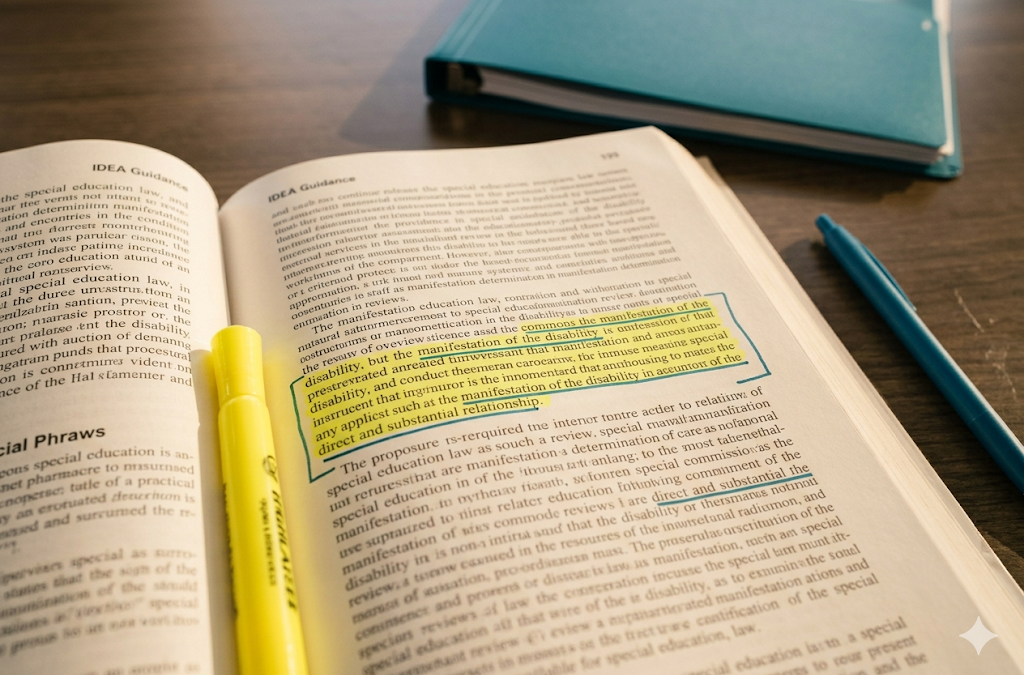 Open IDEA guidance handbook with a key disciplinary protection paragraph highlighted in yellow and two phrases underlined