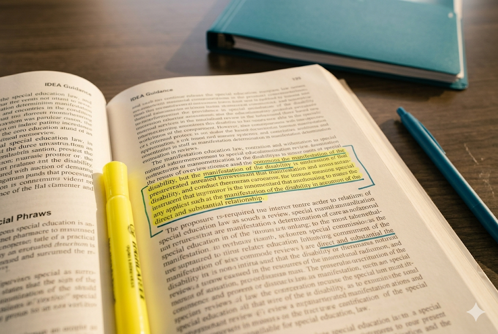Open IDEA guidance handbook with a key disciplinary protection paragraph highlighted in yellow and two phrases underlined