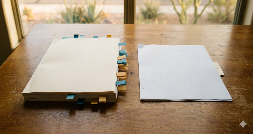 Two education plan documents side by side on a desk showing the length and annotation difference between an IEP and a 504 plan