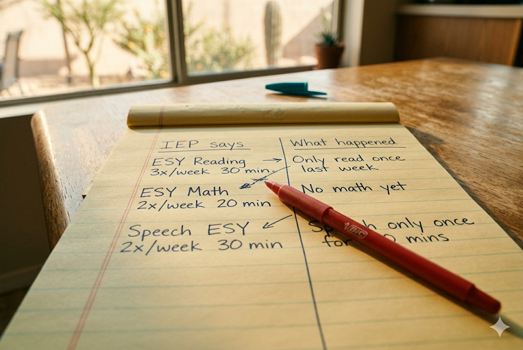 Handwritten comparison notepad with two columns tracking what IEP requires versus what ESY services were actually delivered