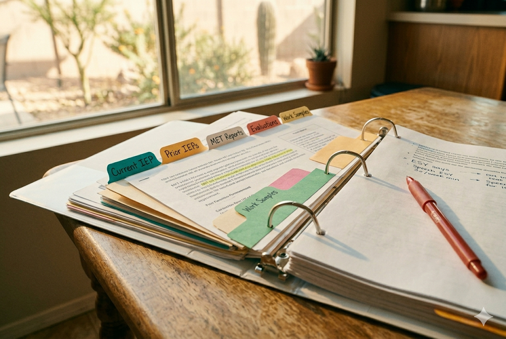 Open IEP binder with color-coded tabbed dividers and labeled section categories, organized on a cream surface