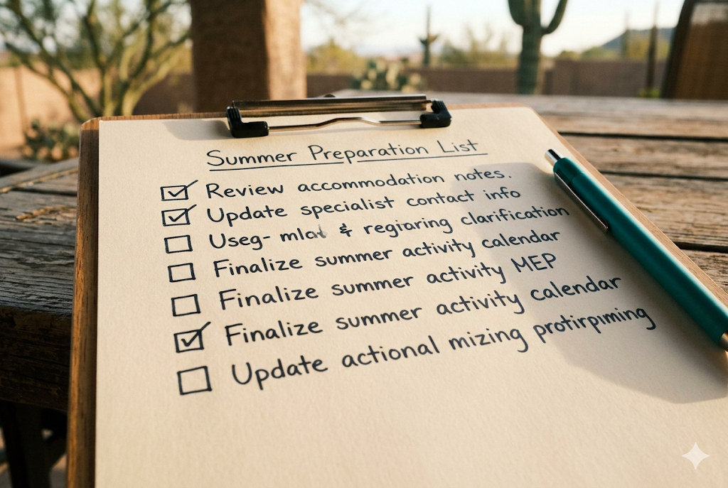 Clipboard with a handwritten IEP summer preparation checklist resting on a patio table, several items already completed