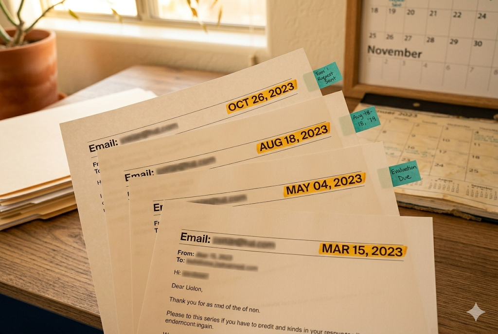 Four dated printed emails fanned out on a desk with dates highlighted in yellow, documenting a pattern of school delays over several months