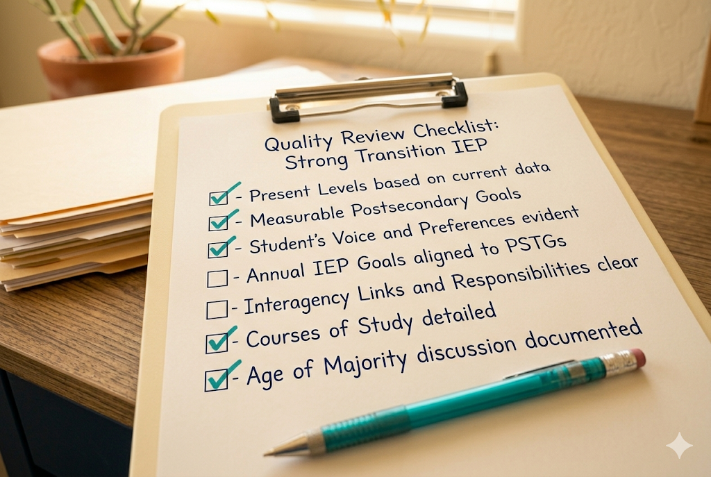 Transition IEP quality checklist on a clipboard with most items checked in teal and two items still incomplete, reviewing plan elements