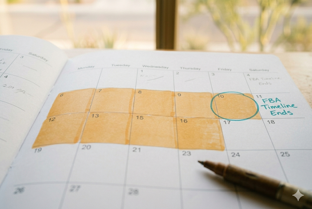 Calendar showing 10 consecutive school days shaded in amber with the tenth day circled in teal marking the manifestation determination deadline