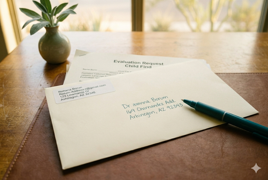 Sealed envelope containing a written special education evaluation request, ready to send to the school district, with a partial letter visible behind it