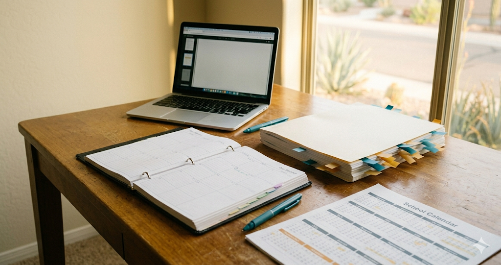 Organized home desk with day planner, tabbed IEP binder, and school calendar in morning light, prepared for fall IEP planning