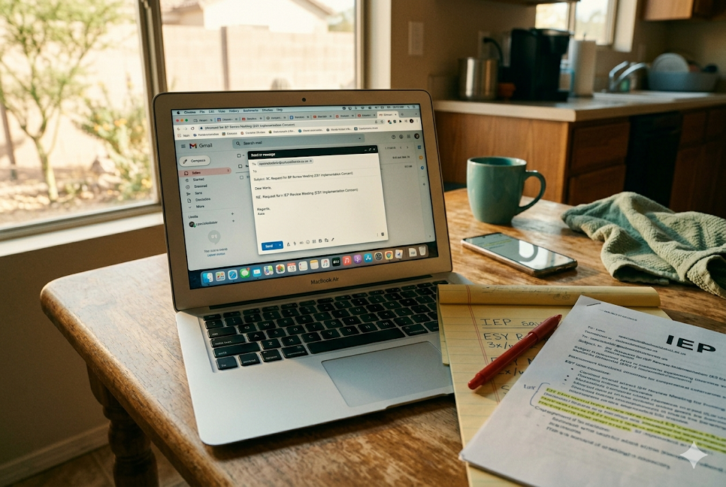 Laptop with email compose window open beside a printed IEP document, drafting formal notice of ESY service failure to school district