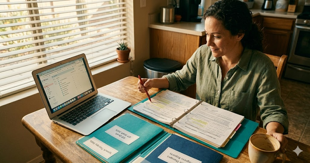 Home desk with organized IEP binder, printed documents, and laptop showing folder structure for end-of-year record keeping