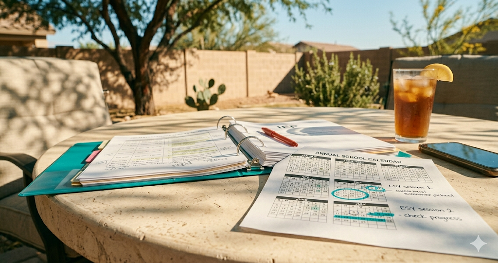 Open IEP binder and school calendar with summer dates circled in teal, resting on a shaded patio table in afternoon light