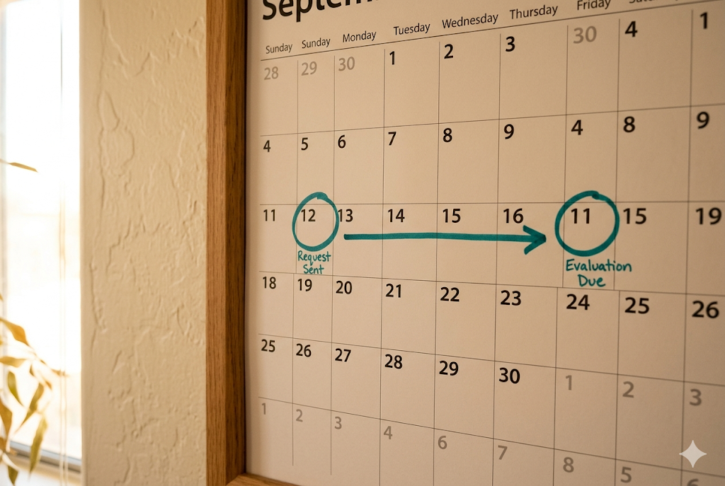 Wall calendar showing a 60-day Arizona special education evaluation deadline marked with a teal arrow from request date to due date