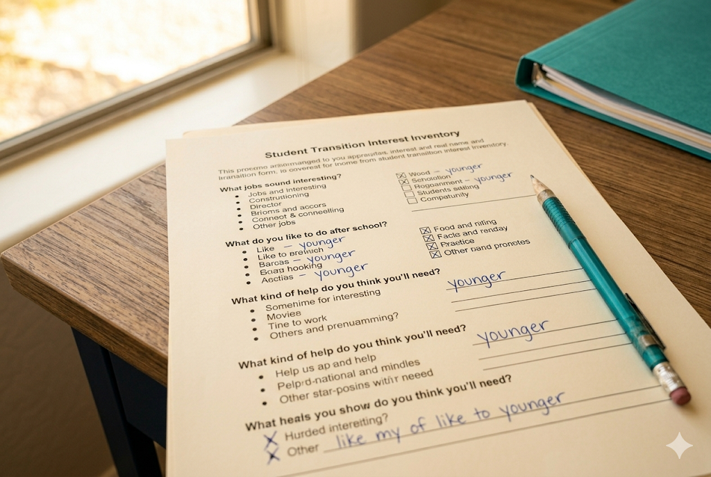 Printed transition interest inventory form with handwritten student responses, representing the student's voice in IEP transition planning