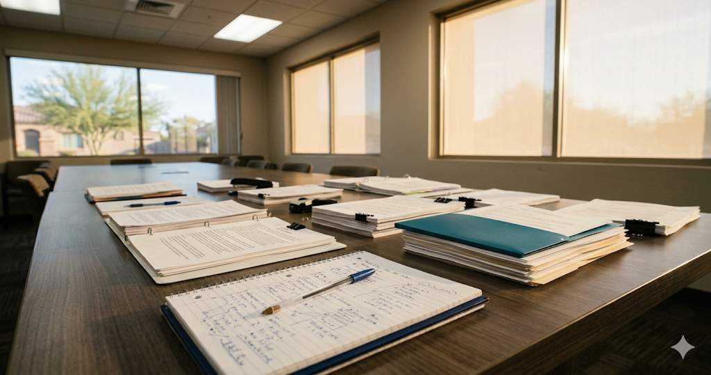 Formal conference room table with multiple IEP document stacks and a notepad with handwritten notes, set for a manifestation determination review