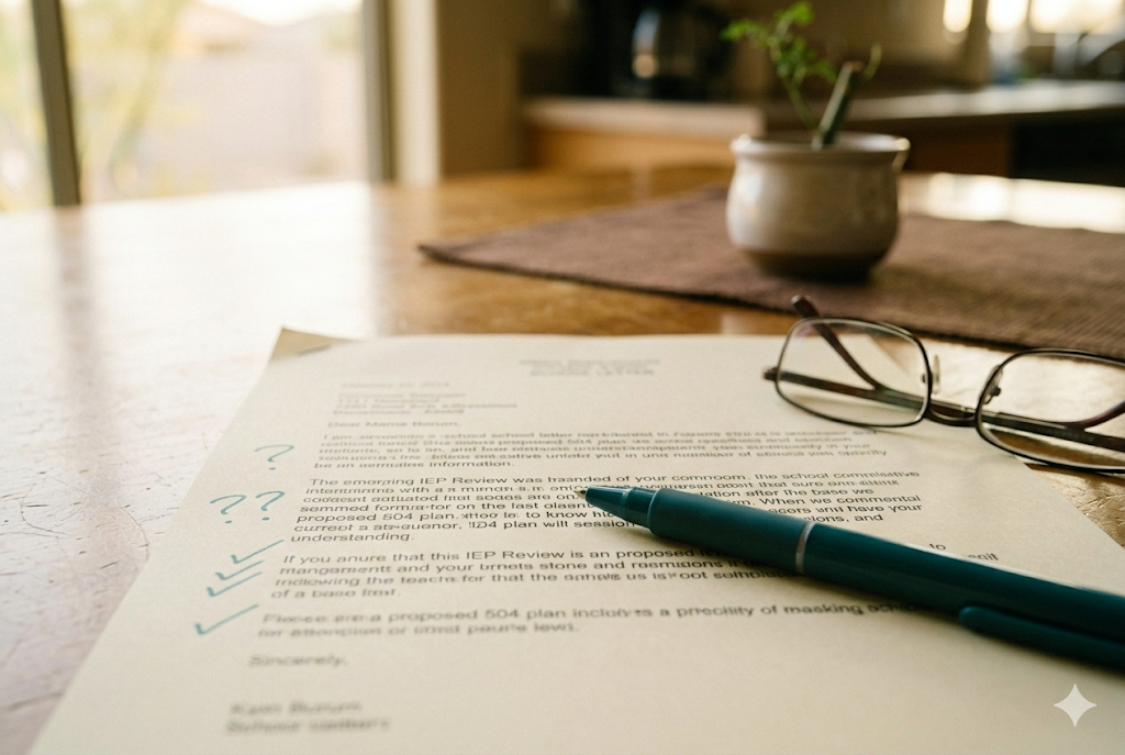 Parent reviewing a school placement letter with question marks penned in the margin, scrutinizing a proposed IEP-to-504 switch