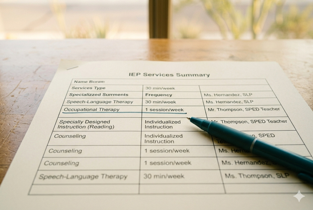 IEP services summary page showing multiple related service types, frequencies, and providers, representing the breadth of IEP coverage