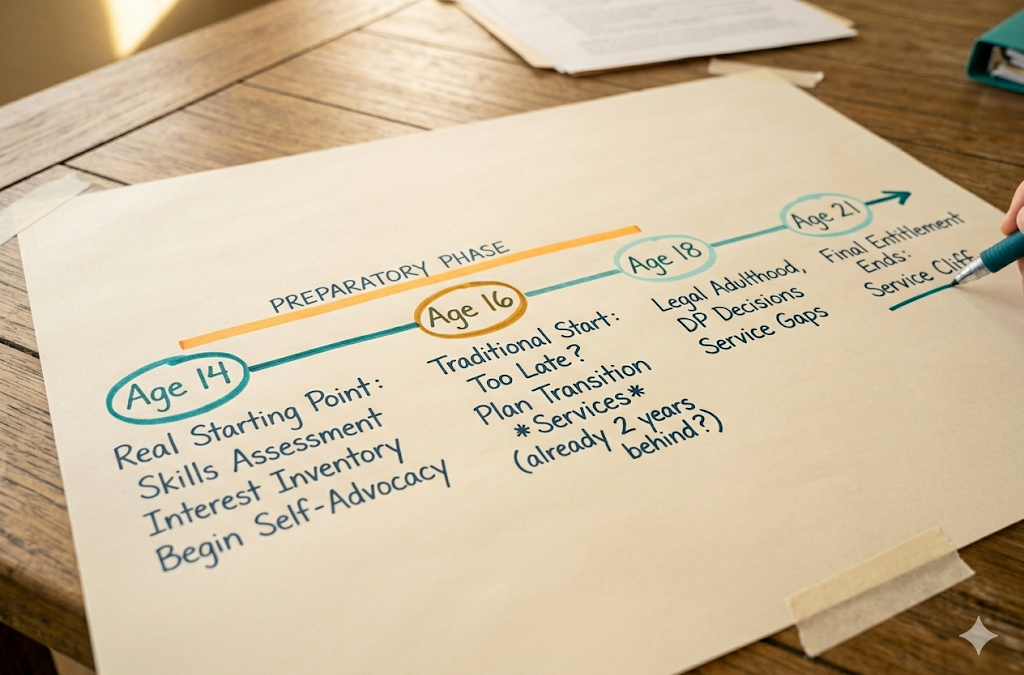 Whiteboard timeline showing transition IEP milestones from age 14 to 21 with handwritten notes at each stage for Arizona special education