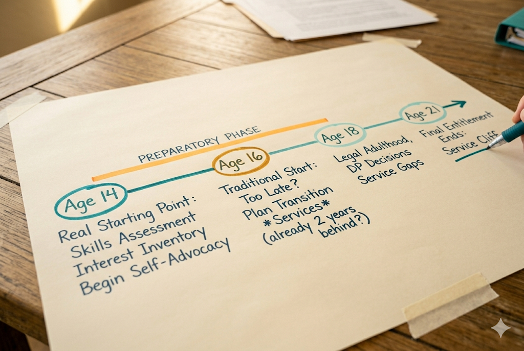 Whiteboard timeline showing transition IEP milestones from age 14 to 21 with handwritten notes at each stage for Arizona special education